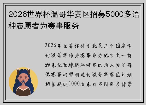 2026世界杯温哥华赛区招募5000多语种志愿者为赛事服务