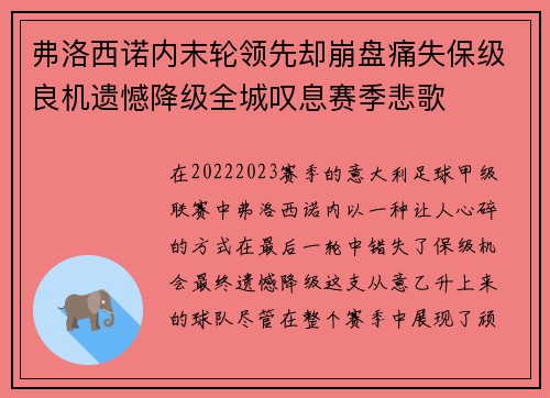 弗洛西诺内末轮领先却崩盘痛失保级良机遗憾降级全城叹息赛季悲歌