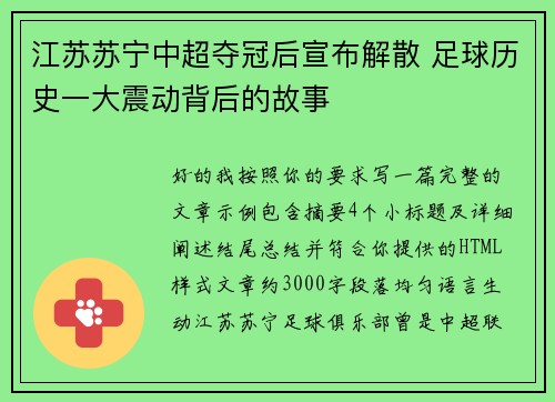 江苏苏宁中超夺冠后宣布解散 足球历史一大震动背后的故事